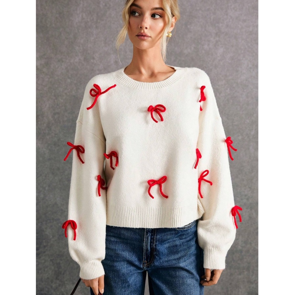 Red Bow Detail Off White Round Neck Oversized Knit Pullover Sweater - Picture 5 of 16
